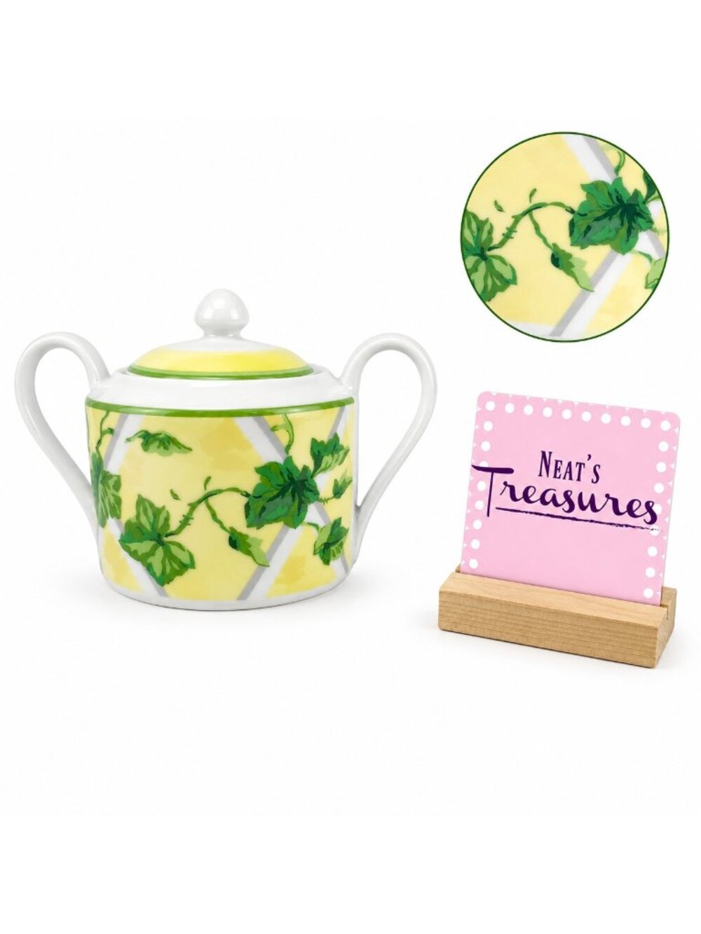 Waverly GAZEBO Green Leaves  Yellow Porcelain Doudled Handled Lidded Sugar Bowl